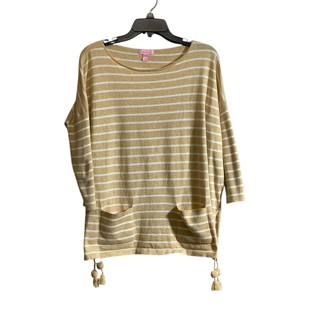 LILLY PULITZER STRIPED TASSEL POM POM OVERSIZE LIGHTWEIGHT SWEATER Small